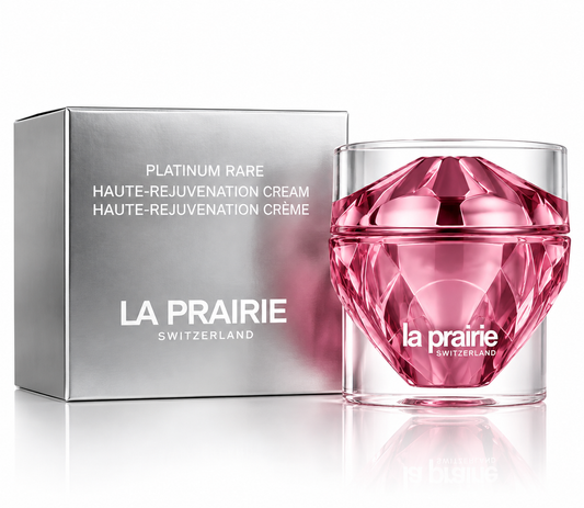 La Prairie Platinum Rare Haute-Rejuvenation Cream pink jar and silver box