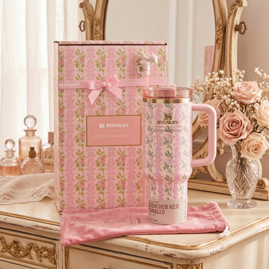 Stanley x LoveShackFancy Holiday Quencher H2.0 FlowState Tumbler 40 OZ – Rosa Beaux Pink