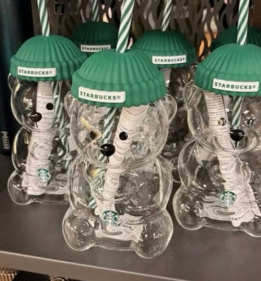 Starbucks Bear Glass Cup with Green Lid & Straw – 16oz